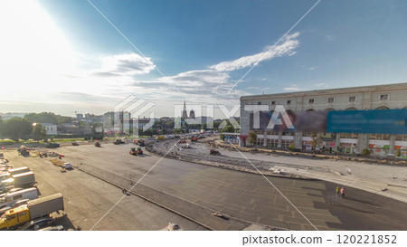 Large view on the road rollers working on the new road construction site aerial timelapse 120221852