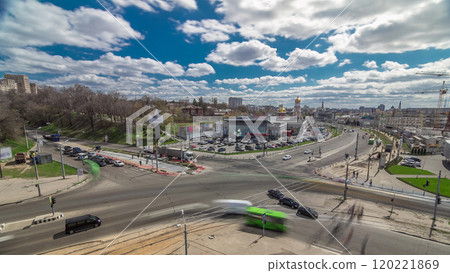 Traffic on the streets intersection of the city aerial timelapse in Kharkov, Ukraine 120221869