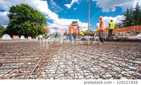Road construction site with tram tracks repair and maintenance timelapse hyperlapse. Road construction site with tram tracks repair and maintenance timelapse hyperlapse. 120221938