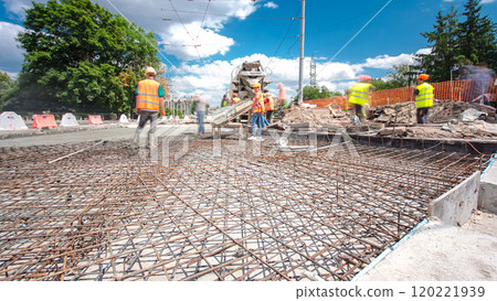 Road construction site with tram tracks repair and maintenance timelapse hyperlapse. 120221939