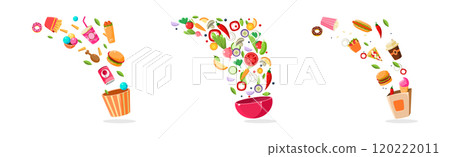 Fast Food Object and Vegetable Item Floating in Air Vector Set 120222011