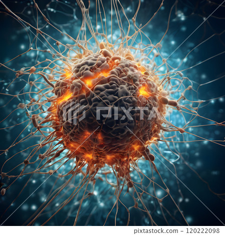 Detailed 3D Render of Active Neuron with Glowing Signals in Brain 120222098