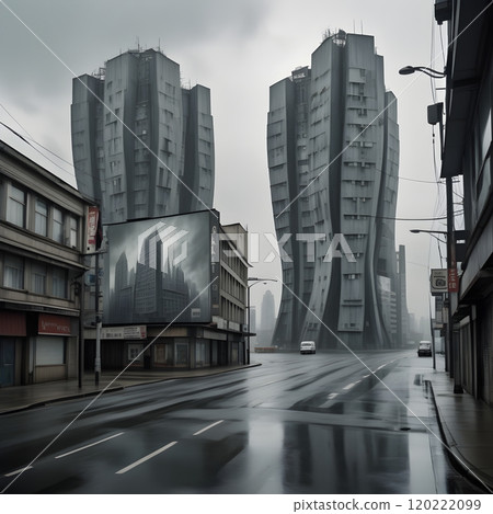 Gloomy Urban Landscape with Brutalist Towers on a Rainy Day 120222099