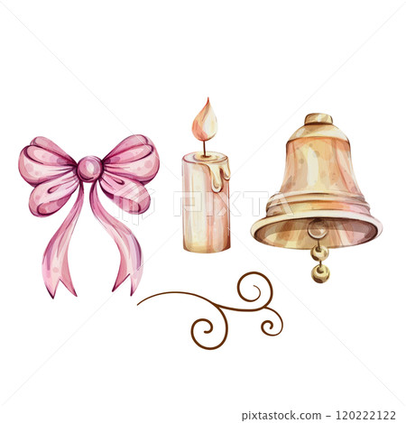 Watercolor Christmas clip art with bell, bow, candle. Xmas collection for design. Hand painted illustrations, isolated on white background Watercolor Christmas clip art with bell, bow, candle. Xmas collection for design. Hand painted illustrations, isolated on white background 120222122