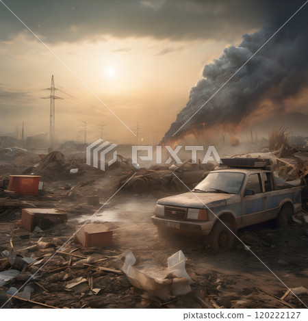 Apocalyptic Vision: Abandoned Car and Industry's Smoke Under a Dusty Sky. 120222127
