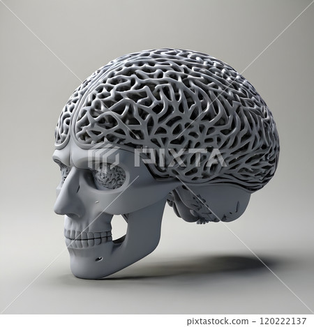 Stylized Metallic Lattice Brain within a Human Skull on Neutral Background 120222137