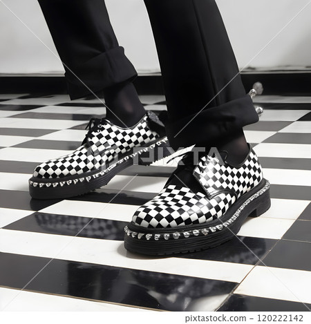 Monochrome Checkered Shoes on Matching Floor: Punk Elegance Meets Ska Cool. 120222142