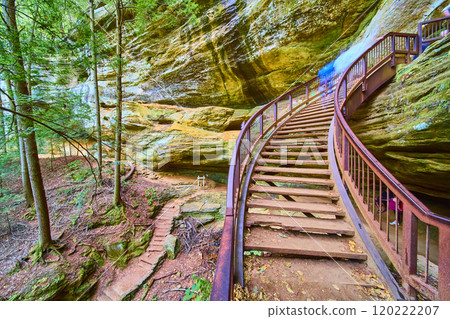 Hiking Trail Stairs in Forested Hocking Hills Ohio Upward View Hiking Trail Stairs in Forested Hocking Hills Ohio Upward View 120222207