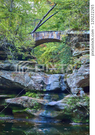 Stone Bridge Over Stream in Forested Hocking Hills Eye Level View 120222265