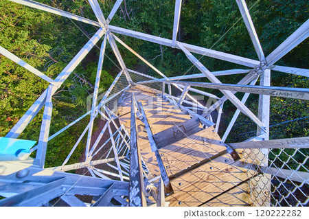 Ash Cave Fire Tower Spiral Stairs Over Forest Canopy Aerial Tilt 120222282