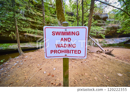 Prohibited Swimming Sign in Hocking Hills Forest Eye Level View 120222355