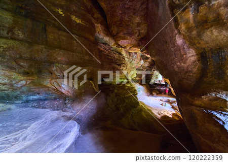 Sandstone Cave Interior with Sunlit Textures Eye-Level Perspective 120222359