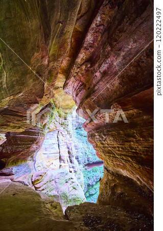 Rock House Cave Interior with Lush Greenery Through Opening Perspective 120222497
