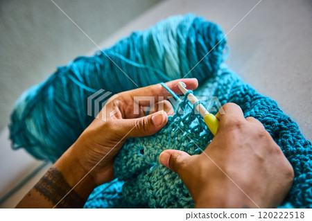 Hands Crafting Turquoise Crochet Yarn in Motion Eye-Level Hands Crafting Turquoise Crochet Yarn in Motion Eye-Level 120222518