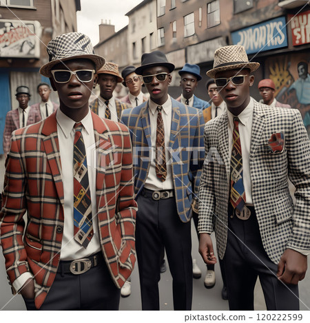 Stylish Young Men in Ska Fashion on Urban Vintage Street Scene Stylish Young Men in Ska Fashion on Urban Vintage Street Scene 120222599