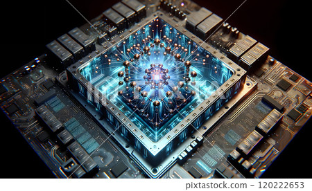 Futuristic Quantum Computer Chip with Glowing Blue Core and Intricate Circuits 120222653
