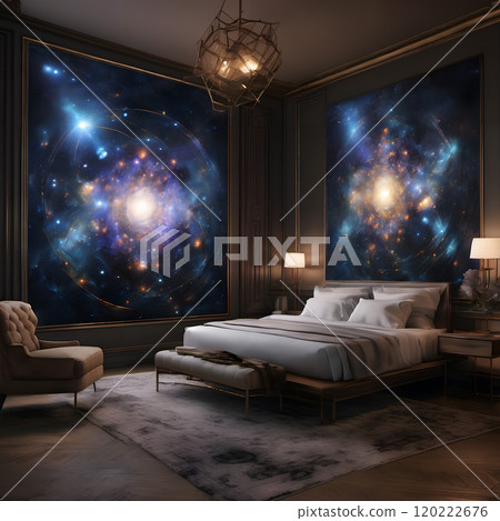 Lucid Dreaming Sanctuary: Cosmic-Themed Bedroom with Stellar Galactic Art 120222676