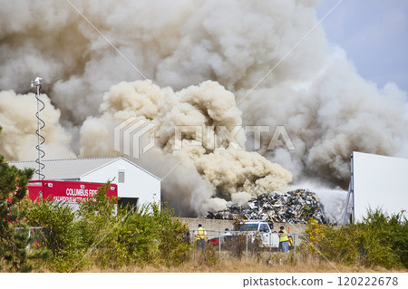 Industrial Fire Emergency at Columbus Scrap Yard Eye-Level Perspective 120222678