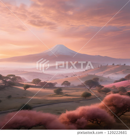 Mystical Dawn Over Pink Blossom Hills with Majestic Snow-Capped Mountain 120222681