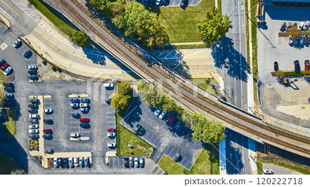 Aerial of Train Tracks and Suburban Roads in Fort Wayne Indiana 120222718