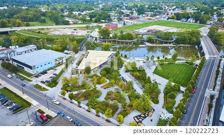 Aerial Fly Through Urban Park and Wells Street Bridge Fort Wayne 120222723