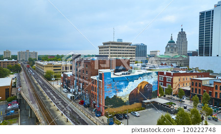 Aerial of Fort Wayne Bison Mural and Courthouse Skyline Aerial of Fort Wayne Bison Mural and Courthouse Skyline 120222748