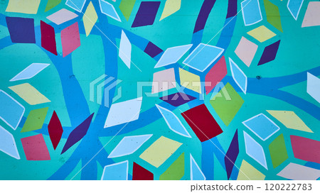 Vibrant Geometric Mural with Dynamic Shapes Eye-Level Perspective 120222783