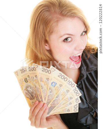 Happy woman holding polish currency money banknote. Happy woman holding polish currency money banknote. 120222814