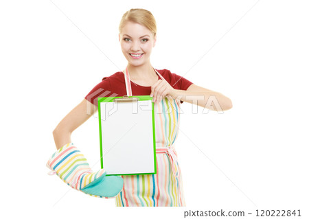 housewife holding clipboard with copy space for text. 120222841