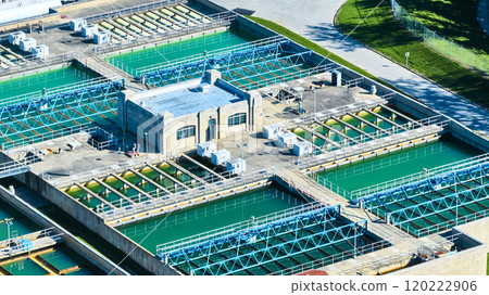 Aerial Water Treatment Facility Turquoise Basins and Industrial Design Aerial Water Treatment Facility Turquoise Basins and Industrial Design 120222906