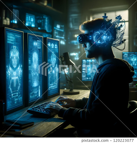 Futuristic Scientist with Brain-Computer Interface at Work 120223077