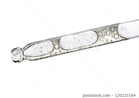 Cosmetic serum or medicine in a pipette. Closeup, white background. 120223164