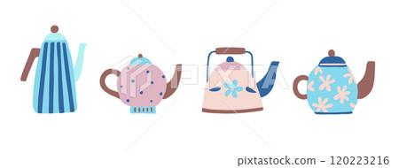 Set of cute vintage teapots and kettles. Hand drawn vector illustration in modern simple doodle style in pastel colors. Set of cute vintage teapots and kettles. Hand drawn vector illustration in modern simple doodle style in pastel colors. 120223216