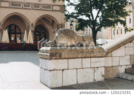 Stone statue of a sleeping lion in front of the Town Hall Tower on the Main Market Square in Krakow, Poland. Stone statue of a sleeping lion in front of the Town Hall Tower on the Main Market Square in Krakow, Poland. 120223291