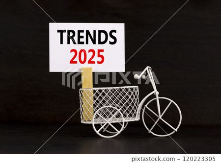 Planning trends 2025 new year symbol. Concept words Trends 2025 on beautiful white paper on wooden clothespin. Bicycle. Beautiful black background. Business trends 2025 new year concept. Copy space. 120223305