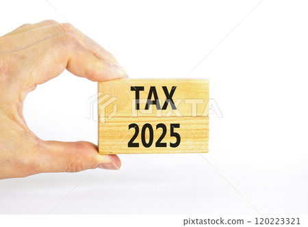 Planning tax 2025 new year symbol. Concept words Tax 2025 on beautiful wooden blocks. Beautiful white background. Businessman hand. Business tax 2025 new year concept. Copy space. Planning tax 2025 new year symbol. Concept words Tax 2025 on beautiful wooden blocks. Beautiful white background. Businessman hand. Business tax 2025 new year concept. Copy space. 120223321