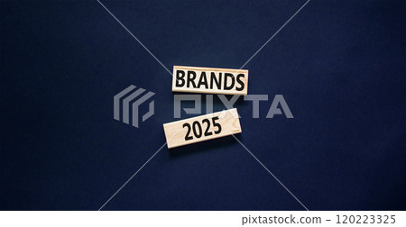 Planning brands 2025 new year symbol. Concept words Brands 2025 on beautiful wooden blocks. Beautiful black background. Business brands 2025 new year concept. Copy space. 120223325