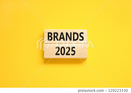 Planning brands 2025 new year symbol. Concept words Brands 2025 on beautiful wooden blocks. Beautiful yellow background. Business brands 2025 new year concept. Copy space. Planning brands 2025 new year symbol. Concept words Brands 2025 on beautiful wooden blocks. Beautiful yellow background. Business brands 2025 new year concept. Copy space. 120223330