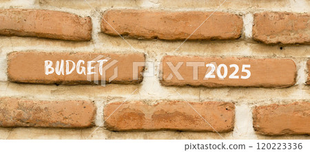 Planning budget 2025 new year symbol. Concept words Budget 2025 on beautiful brown brick wall. Beautiful brown brick wall background. Business budget 2025 new year concept. Copy space. Planning budget 2025 new year symbol. Concept words Budget 2025 on beautiful brown brick wall. Beautiful brown brick wall background. Business budget 2025 new year concept. Copy space. 120223336
