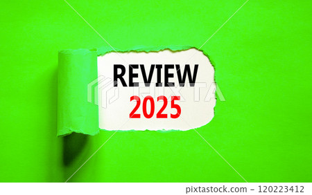 Planning review 2025 new year symbol. Concept words Review 2025 on beautiful white paper. Beautiful green paper background. Business review 2025 new year concept. Copy space. 120223412
