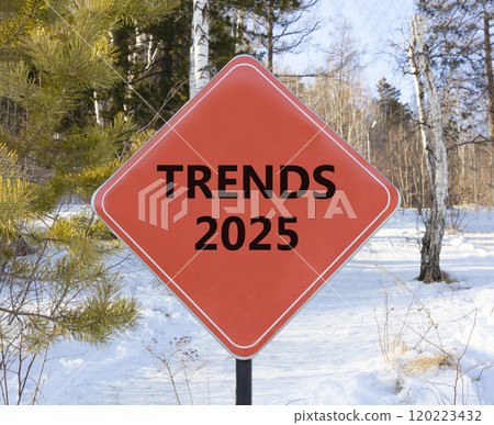 Planning trends 2025 new year symbol. Concept words Trends 2025 on beautiful red road sign. Beautiful winter forest background. Business trends 2025 new year concept. Copy space. Planning trends 2025 new year symbol. Concept words Trends 2025 on beautiful red road sign. Beautiful winter forest background. Business trends 2025 new year concept. Copy space. 120223432