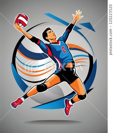 Dynamic Volleyball Player Spiking the Ball in a High Action Graphic Illustration 120223520
