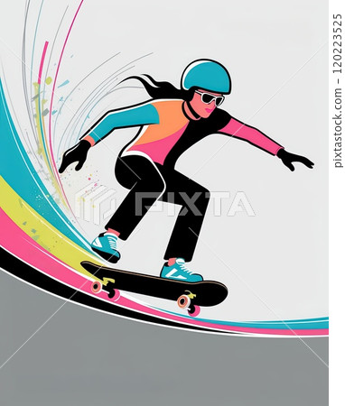 Dynamic Skateboarder in Stylish Outfit Captured in Vivid Colors and Motion 120223525