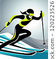 Dynamic Skier Engaged in an Exciting Downhill Race on Stylized Snowy Landscape 120223526