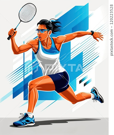 Dynamic Female Badminton Player in Action with Expressive Athletic Energy 120223528