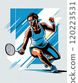 Dynamic Badminton Player in Action Showcasing Athleticism and Focus in a Colorful Illustration 120223531
