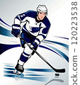 Dynamic Hockey Player Skating with a Puck in a Stylized Action Scene 120223538