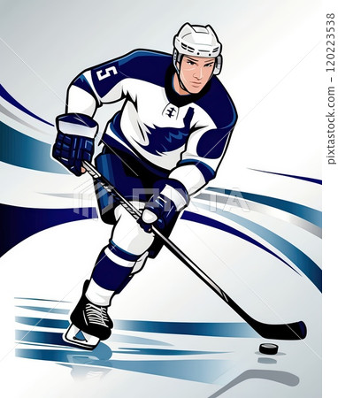 Dynamic Hockey Player Skating with a Puck in a Stylized Action Scene 120223538
