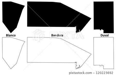 Blanco, Bandera and Duval County, Texas (Counties in Texas, United States of America, USA, U.S., US) map vector illustration, scribble sketch map 120223692