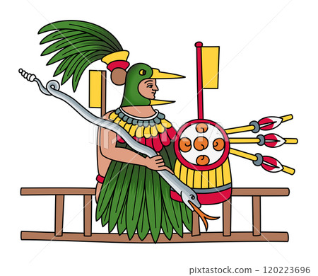 Huitzilopochtli, the Aztec sun and war god. Solar and war deity of sacrifice in Aztec religion, and also the patron god of the Aztecs and their capital city, Tenochtitlan, as depicted in Codex Tovar. 120223696